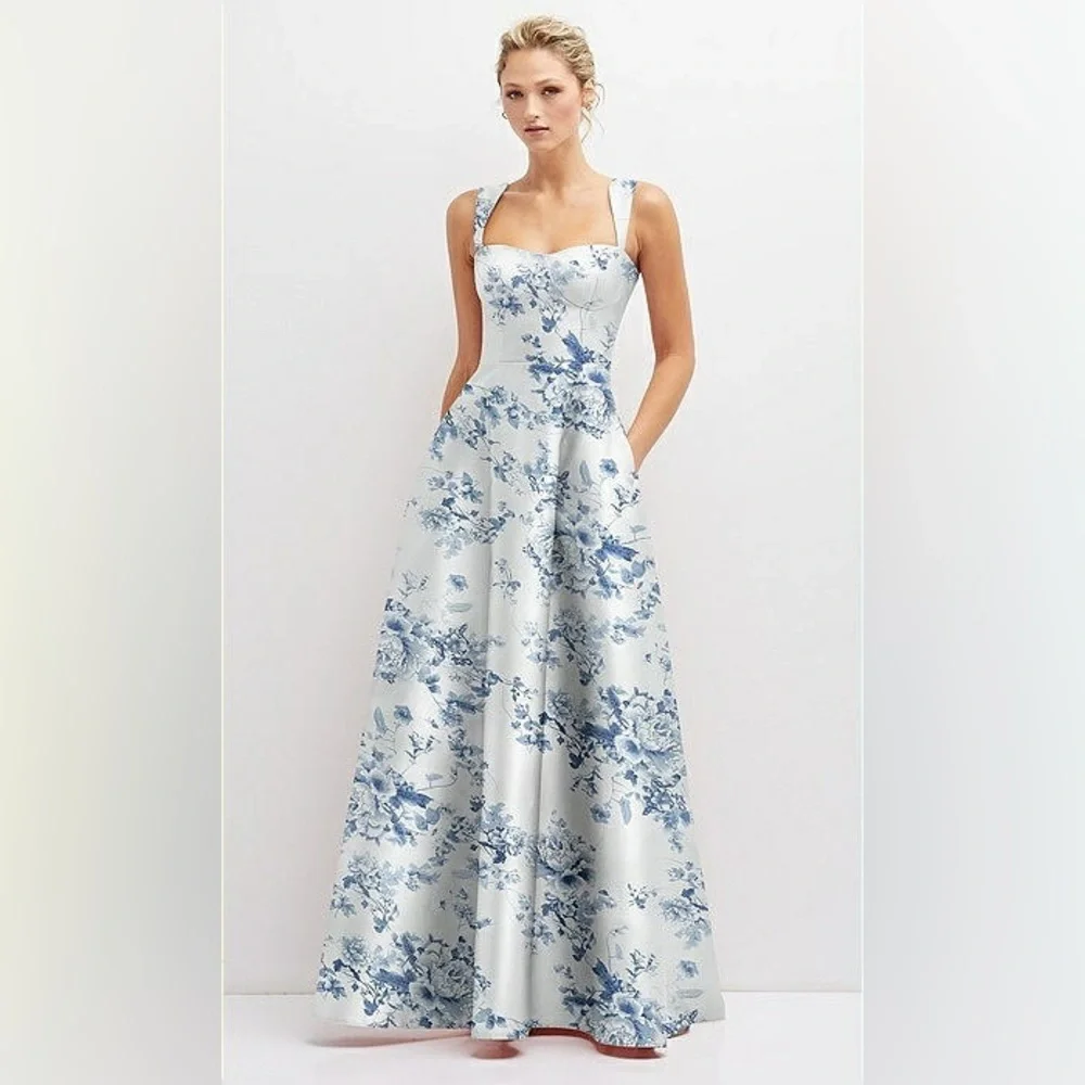 ALFRED SUNG Blue Floral Lace Up A-Line Gown - Picture 4 of 16